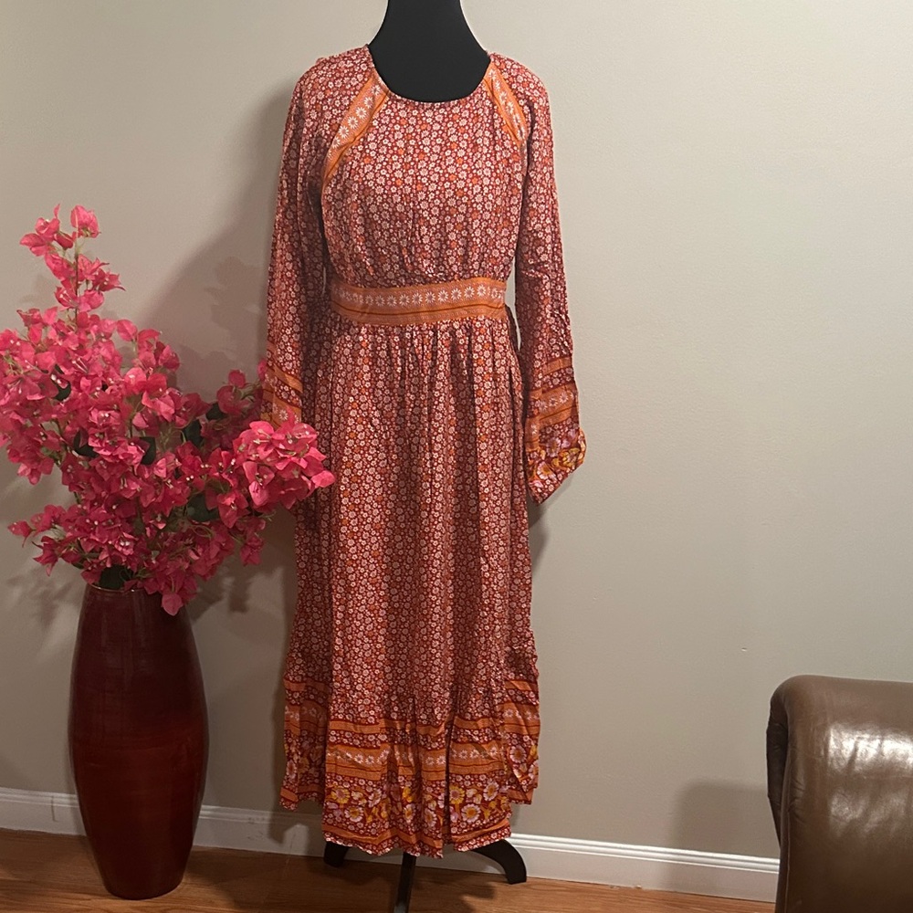 Elegant Orange and Red Floral Maxi Dress